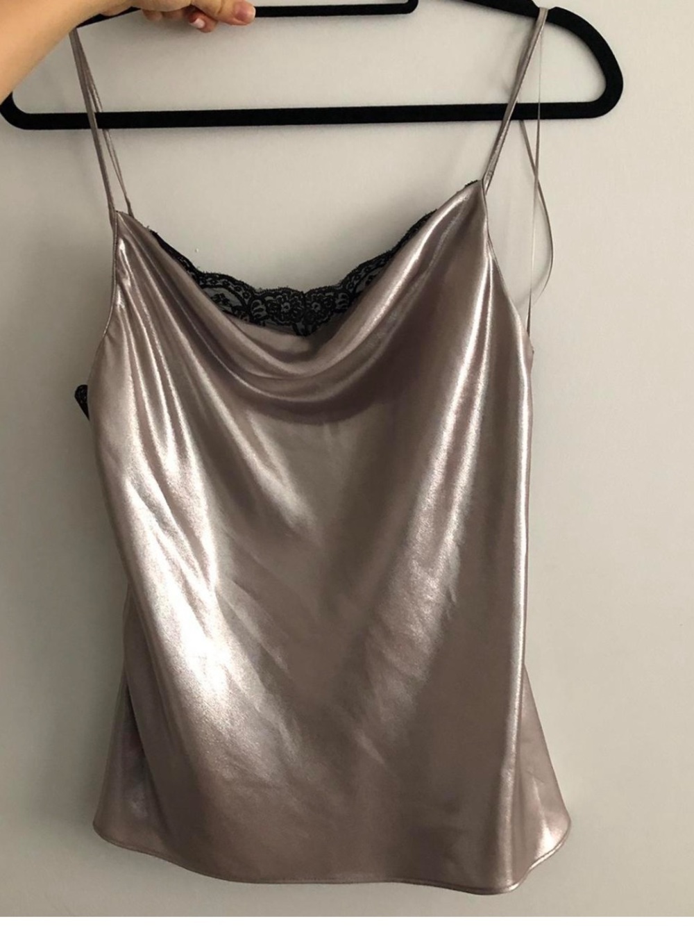 Zara Metallic Taupe Satin Cowl Neck Camisole with Black Lace